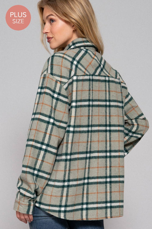 Olive Wool Blend Plaid Button Down Jacket