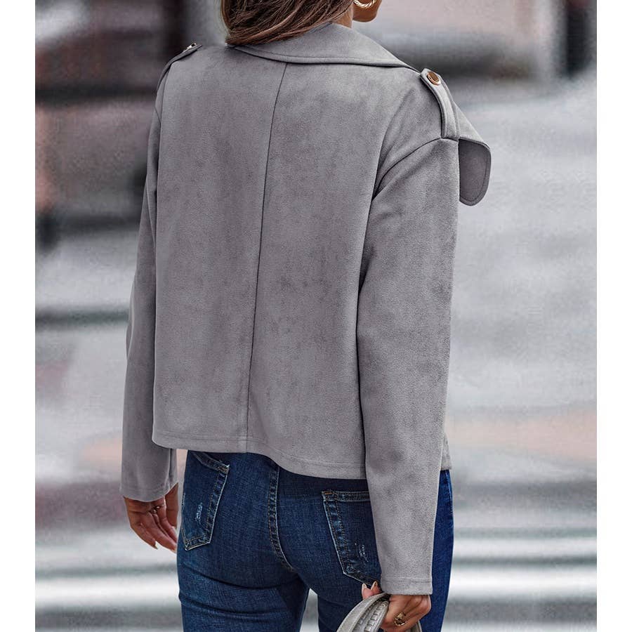 Grey Button Front Open Pockets Jacket