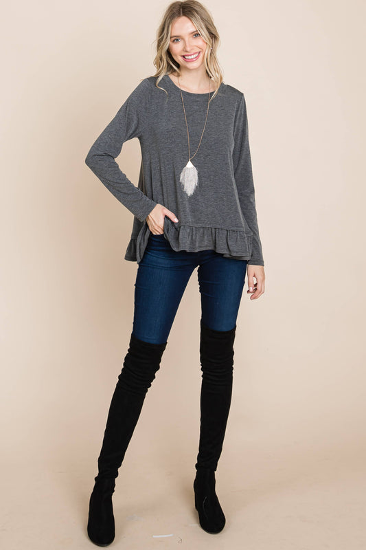 Charcoal Long Sleeve Top with Ruffle Hem Trim