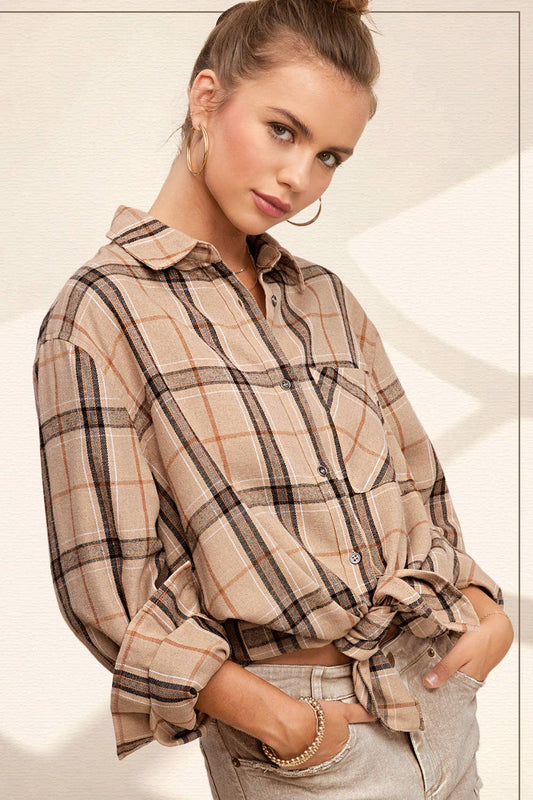 Tan Loose Fit Button Down Soft Plaid Shirt
