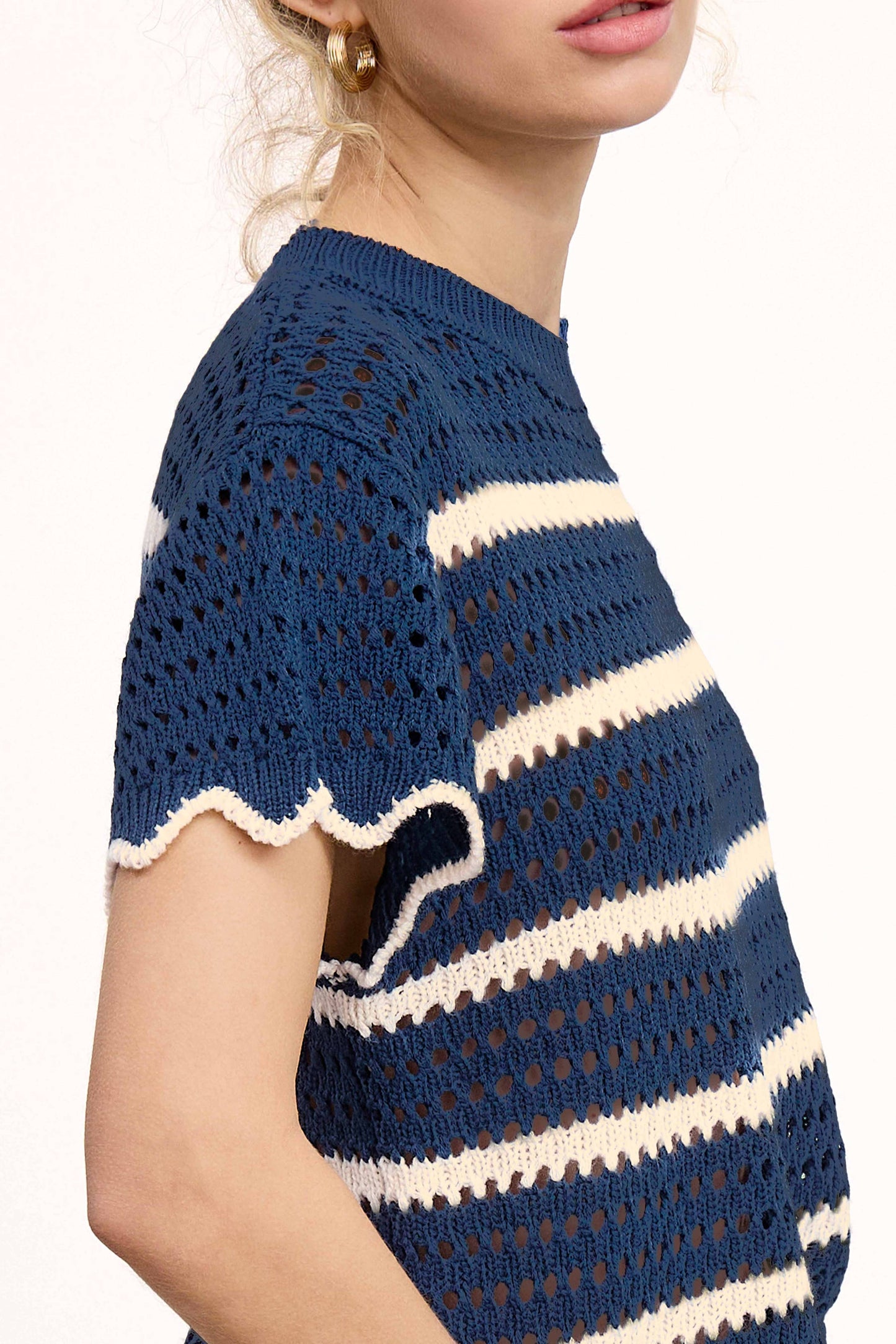 Navy Scalloped Edge Short Sleeve Sweater