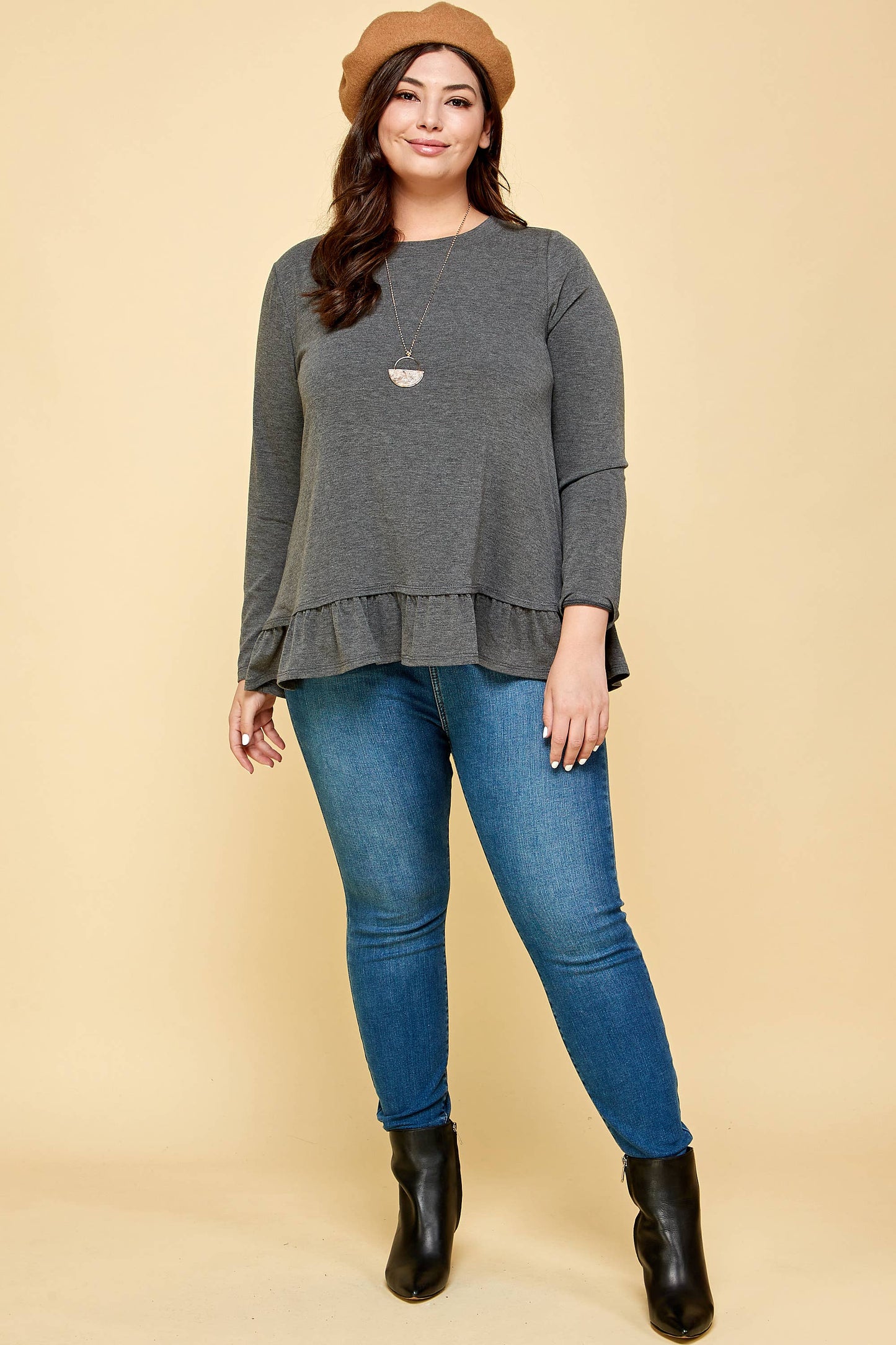 Charcoal Long Sleeve Top with Ruffle Hem Trim