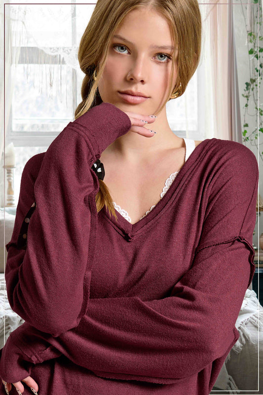 Spiced Wine V-Neck Raw Edge Long Sleeve Top
