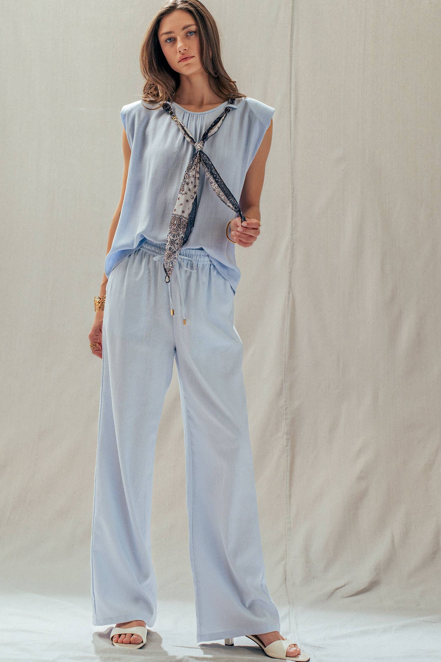 Blue Linen Blend Wide Leg Drawstring Pants
