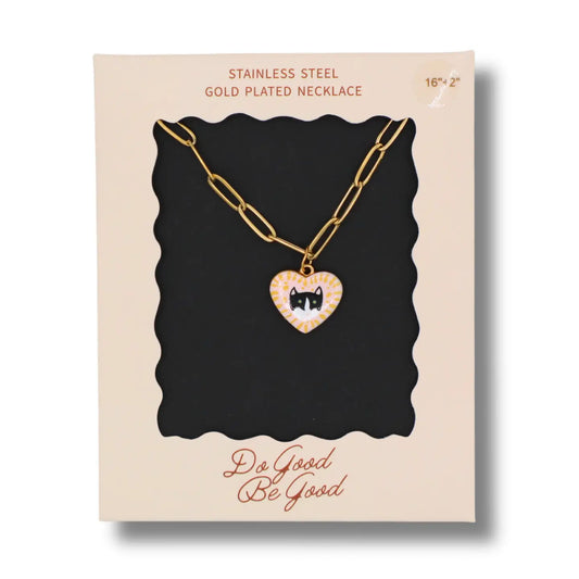 Black + White Cat Heart Charm Necklace