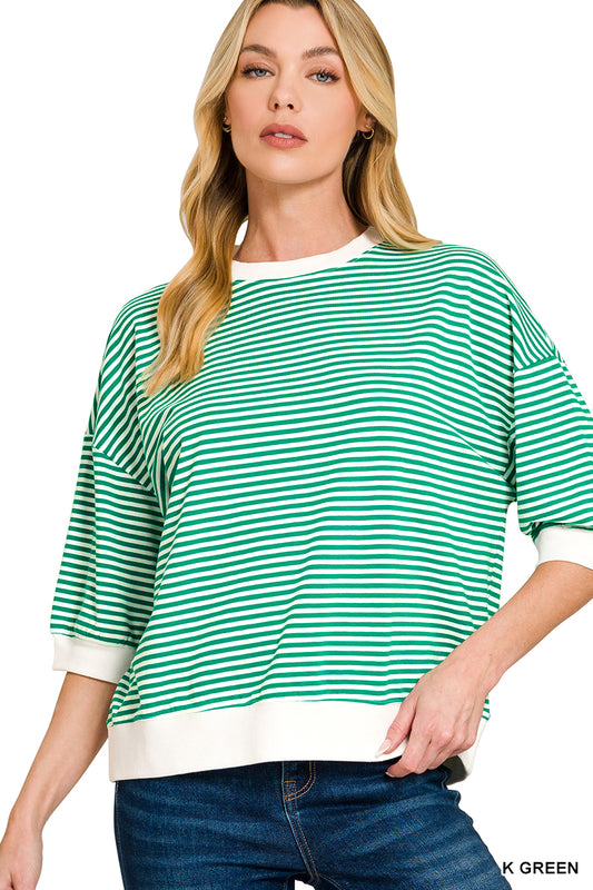Kelly Striped Contrast Trim Banded Bottom Top