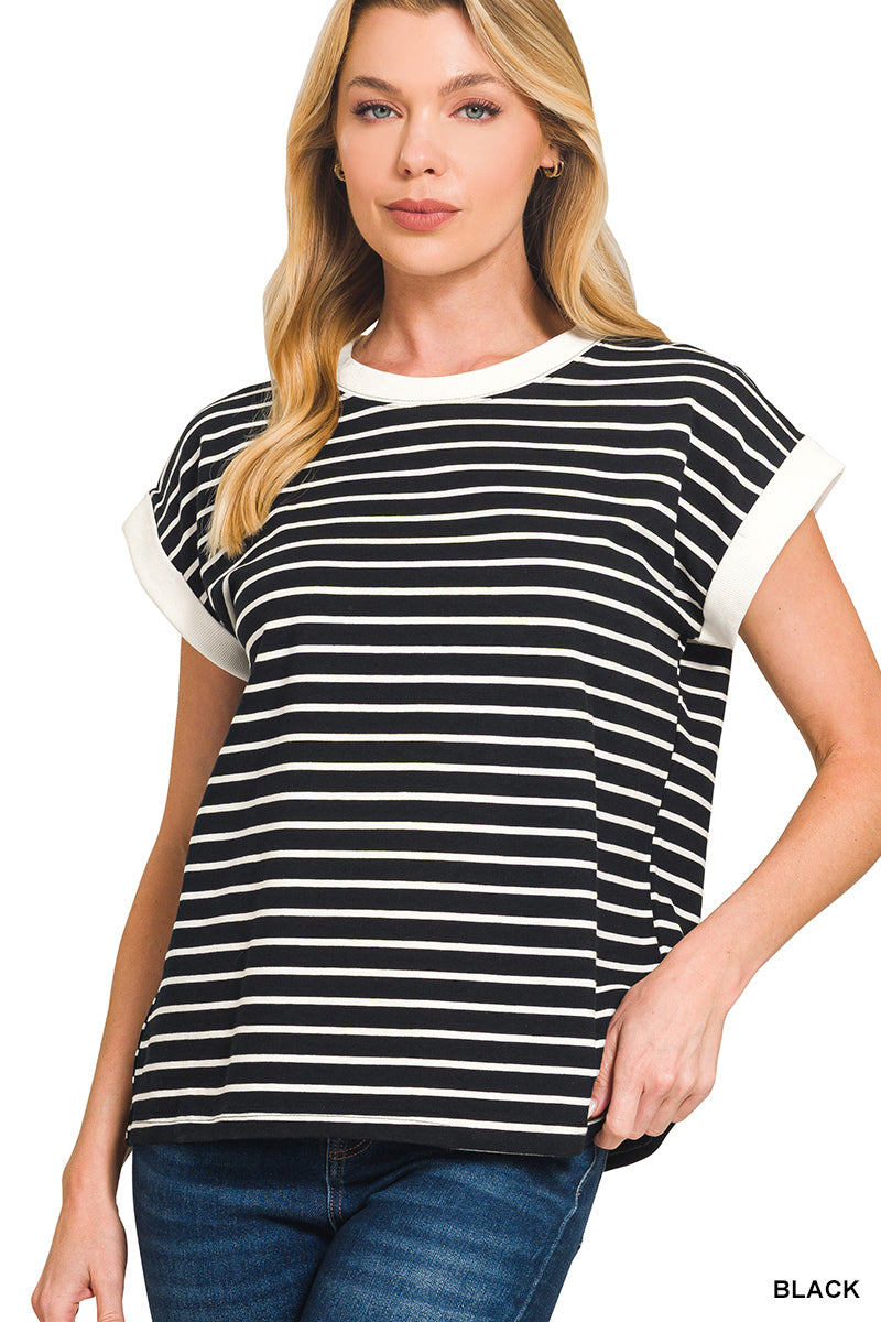 Black Contrast Stripe Short Sleeve Top