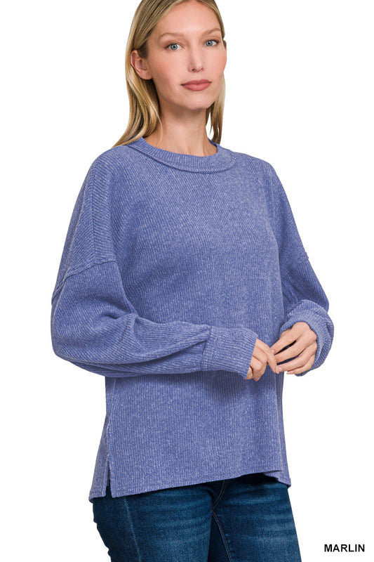 Blue Marlin Brushed Drop Shoulder Exposed Seam Sweater