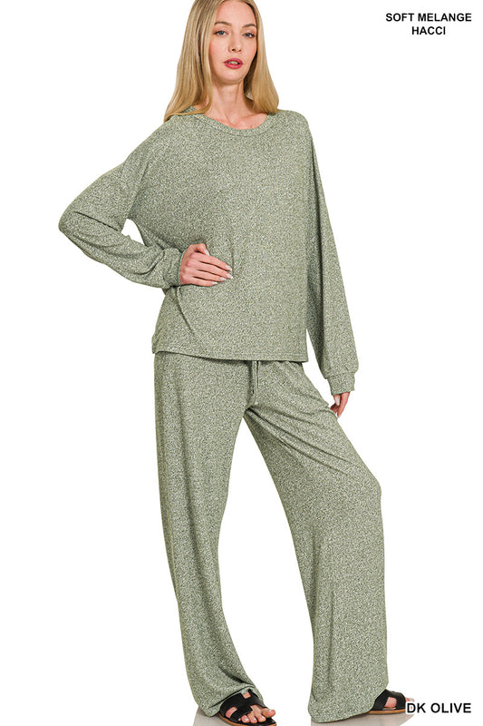 Olive Melange Long Sleeve Top + Pants Set