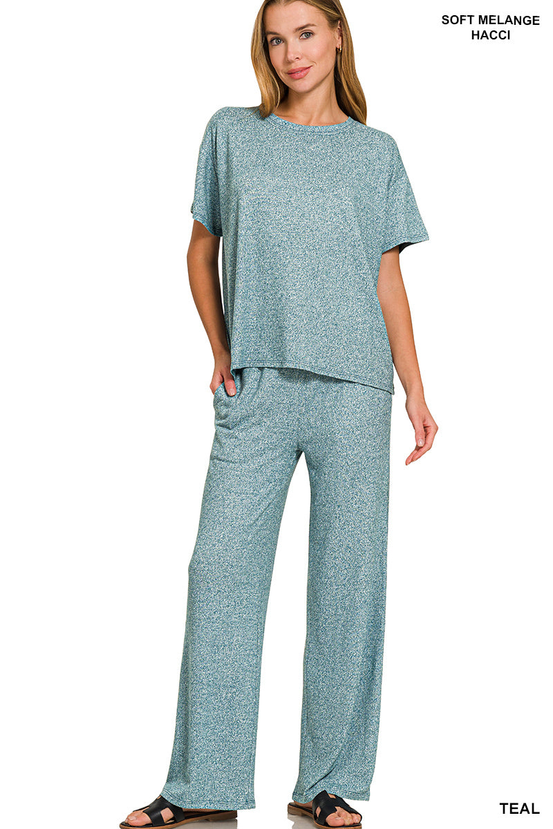 Teal Melange Short Sleeve Top + Pants Set