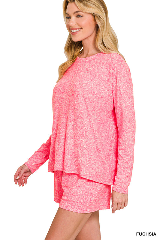 Pink Melange Long Sleeve Top + Shorts Set