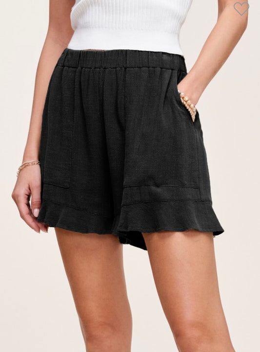 Black Lightweight Ruffle Shorts with Pockets