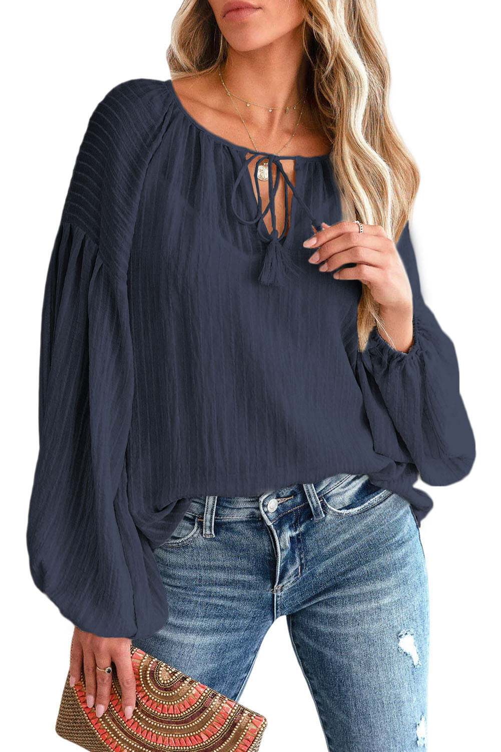 Navy Tassel Long Sleeve Blouse