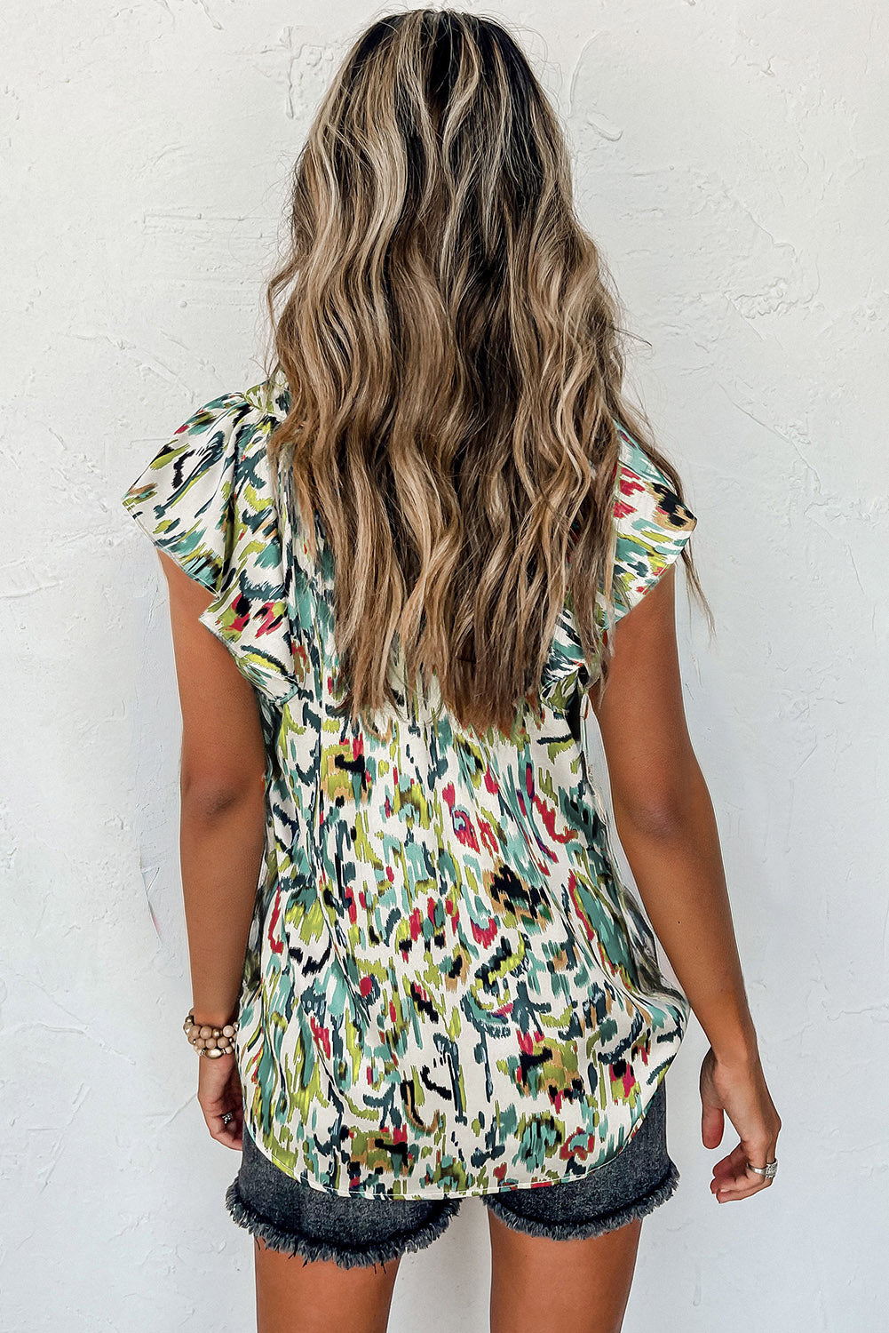 Green Abstract Print Ruffle Sleeve Blouse
