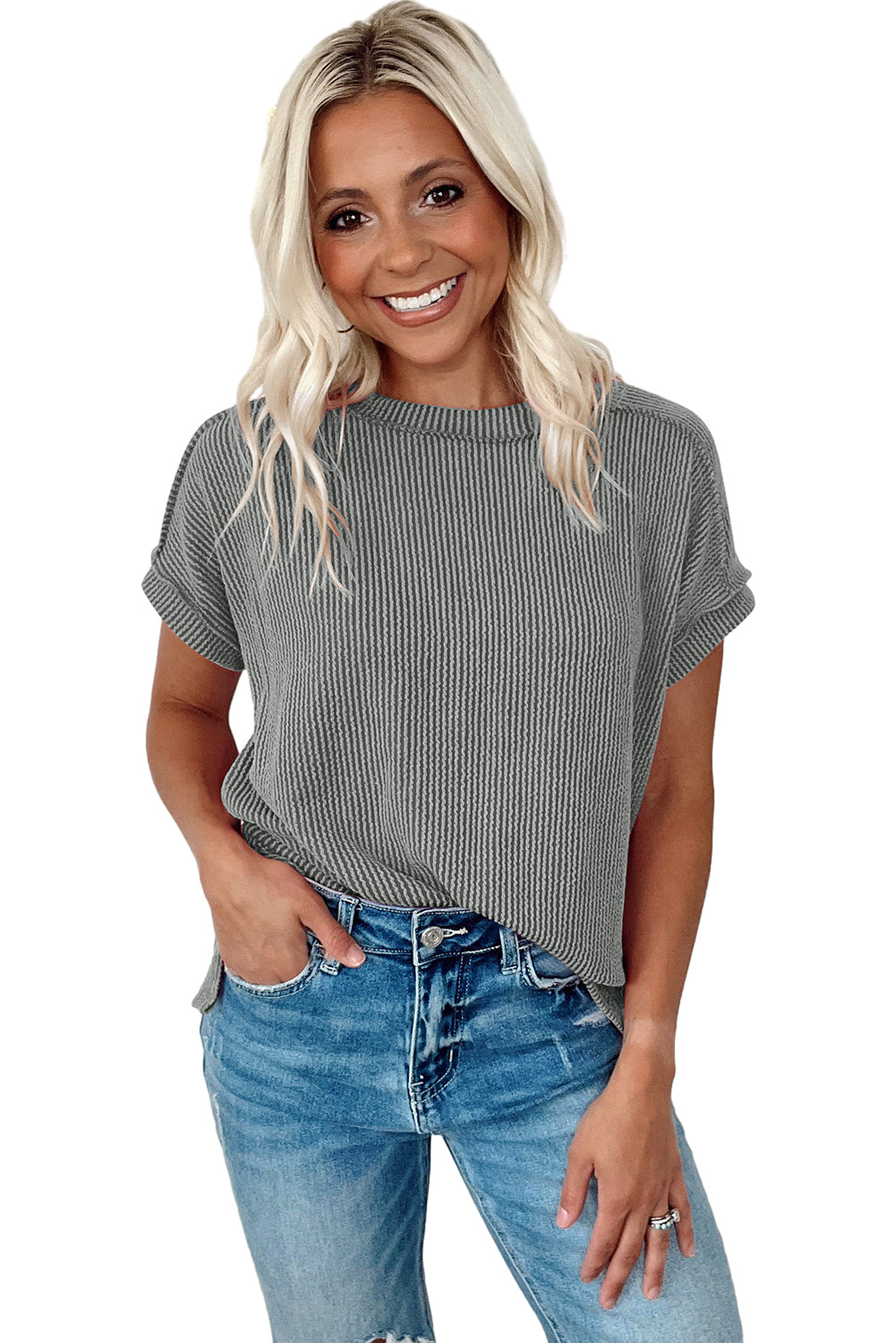 GREY TEXTURED EXPOSED STITCH TOP