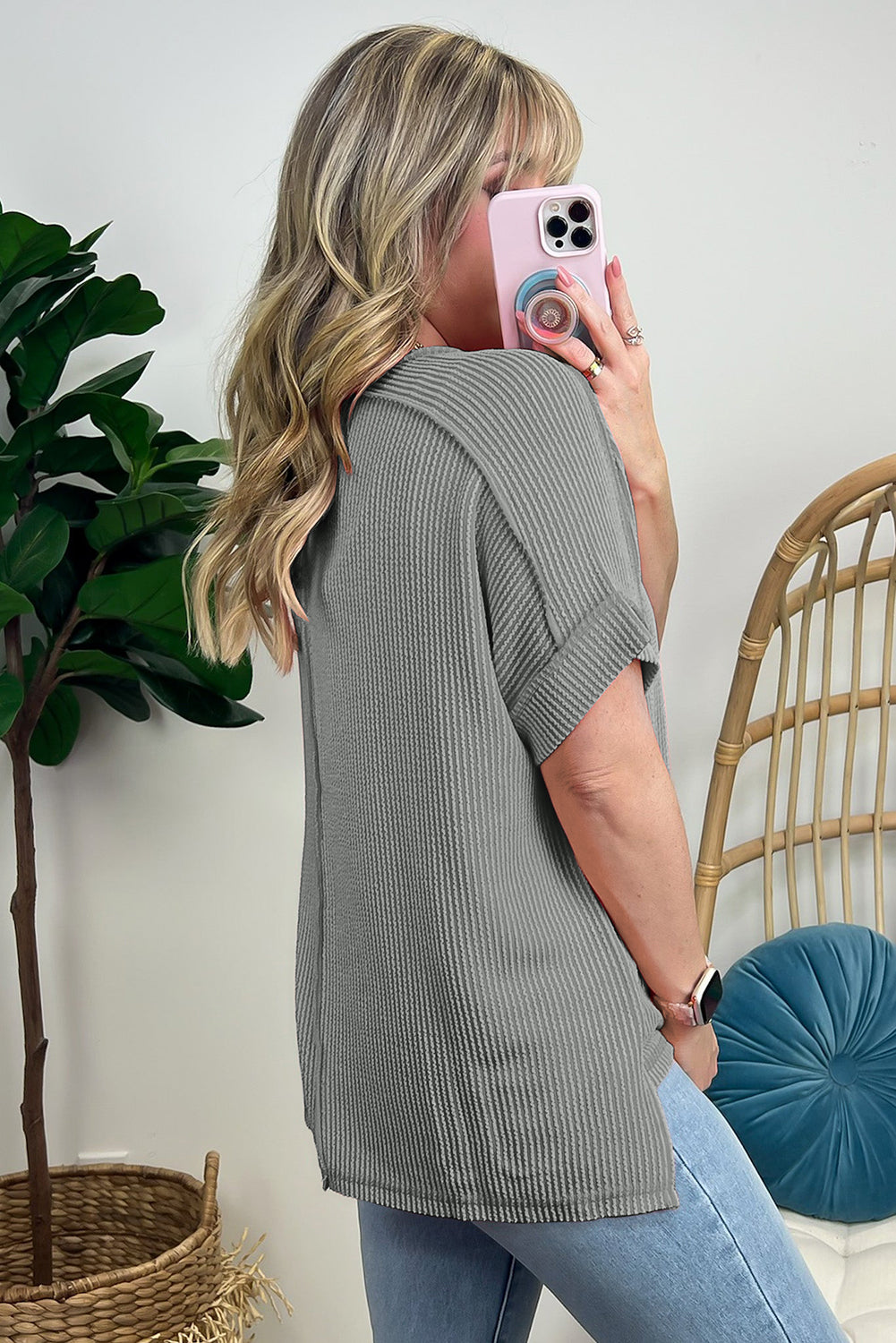 GREY TEXTURED EXPOSED STITCH TOP