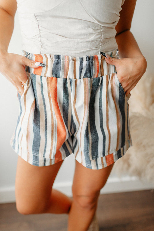 Vintage Striped Washed Elastic Waist Shorts