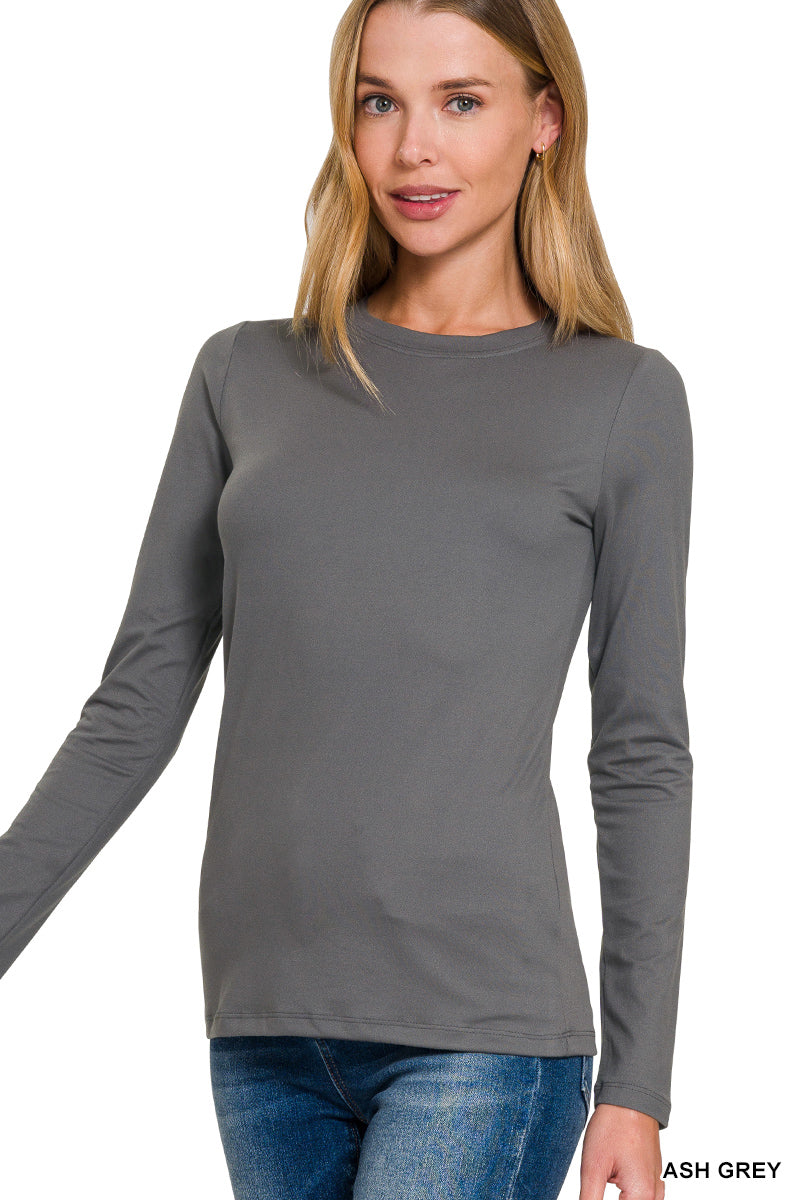 Ash Grey Microfiber Long Sleeve Crewneck Tee