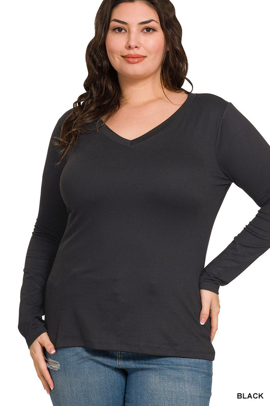 Black Microfiber Long Sleeve V-Neck Tee