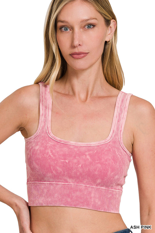 ASH PINK WASHED RIBBED SQUARE NECK CROP W/ BRA PADS