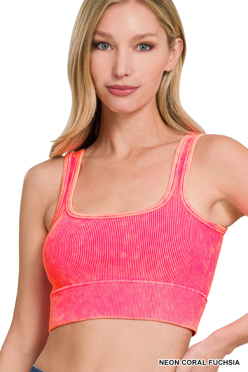 NEON CORAL FUCHSIA WASHED RIBBED SQUARE NECK CROP W/ BRA PADS