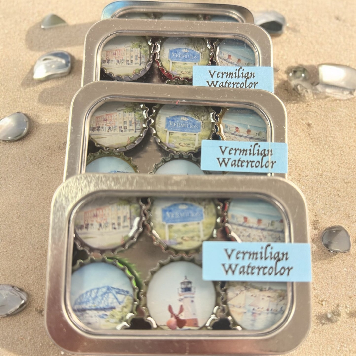 Vermilion Watercolor Bottlecap Magnets