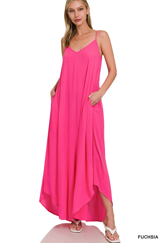 Hot Pink Woven Crinkle Maxi Dress with Pockets