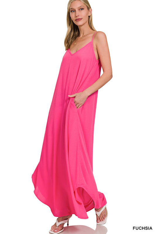 Hot Pink Woven Crinkle Maxi Dress with Pockets