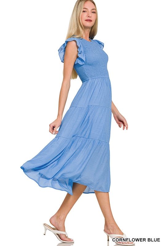 Cornflower Blue Smocked Ruffle Sleeve Midi Dress