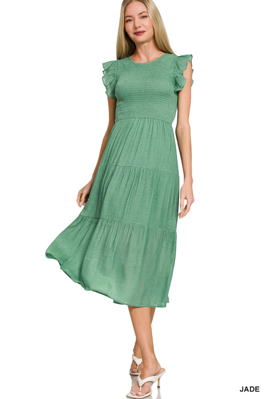 Jade Smocked Ruffle Sleeve Midi Dress