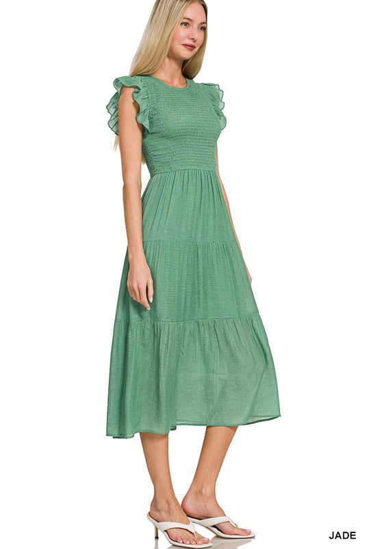 Jade Smocked Ruffle Sleeve Midi Dress