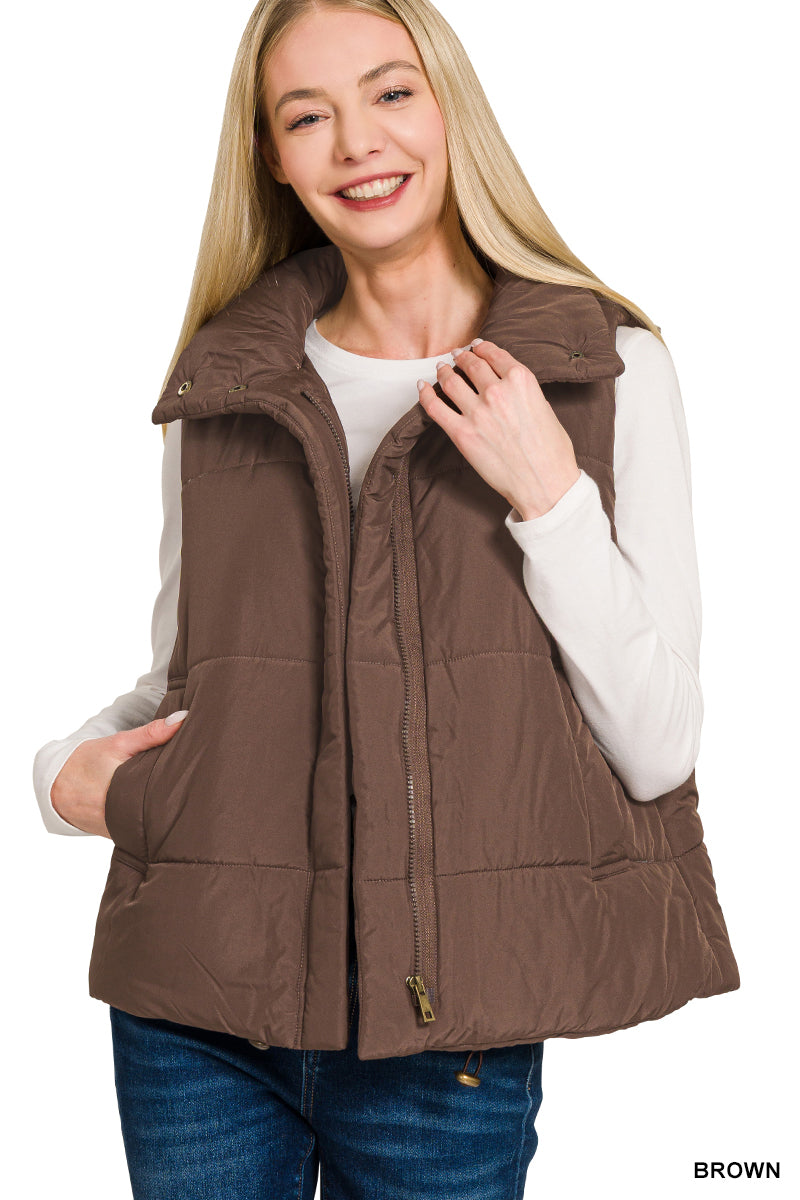 Brown High Neck Puffer Vest