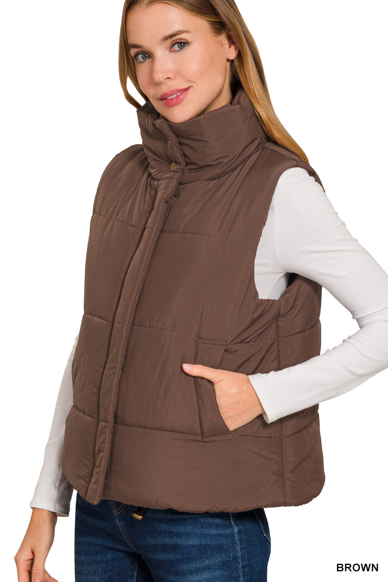 Brown High Neck Puffer Vest
