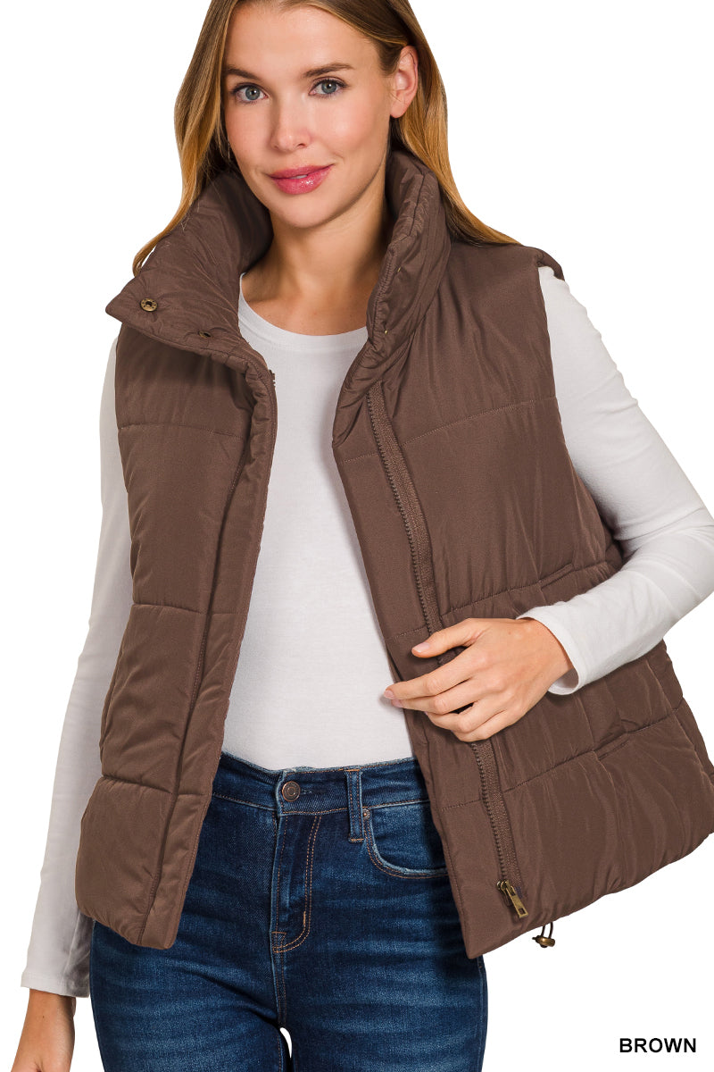 Brown High Neck Puffer Vest