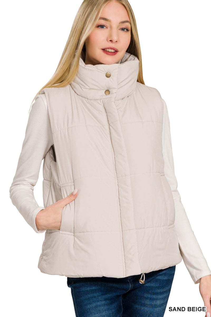 Beige High Neck Puffer Vest