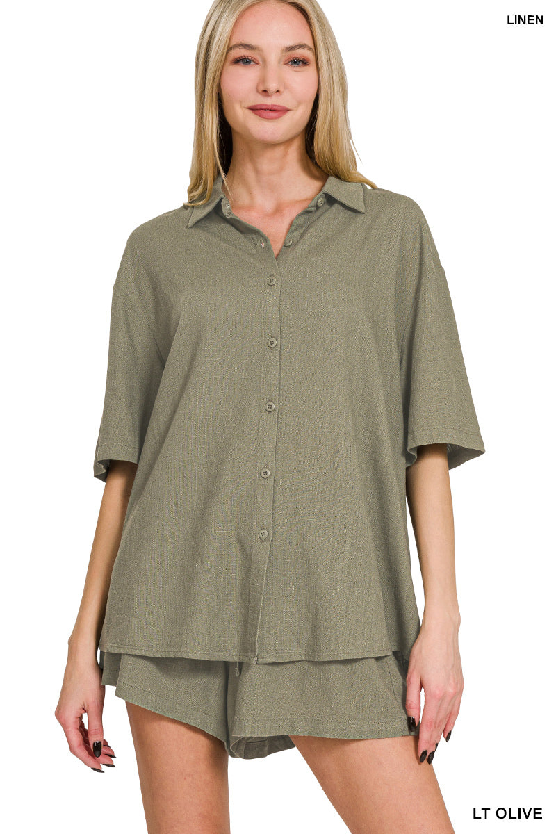 Olive Linen Button Down Shirt + Shorts Set