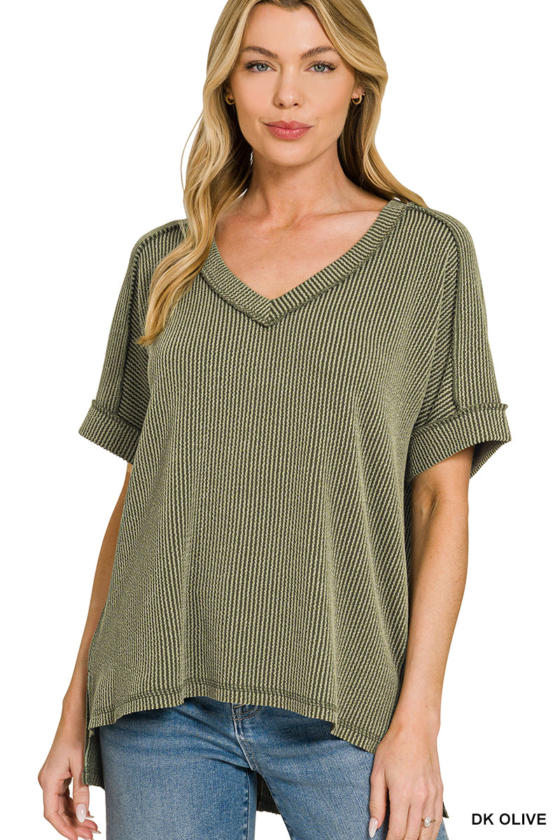 Olive Raised Ribbed Short Sleeve V-neck