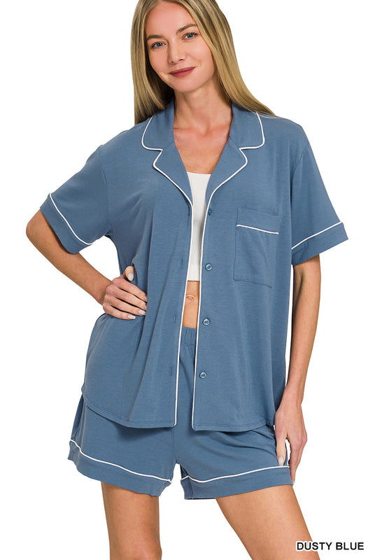 DUSTY BLUE SHORT SLEEVE BUTTON DOWN SHIRT & SHORTS - 2 PIECE SET