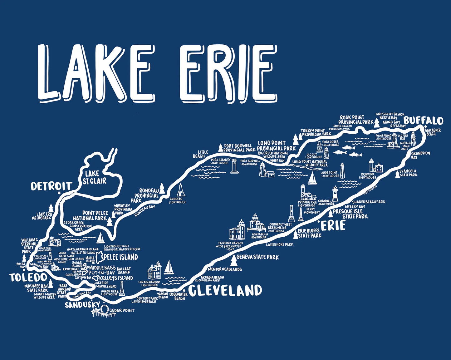 Lake Erie Map 8x10 Print - Blue