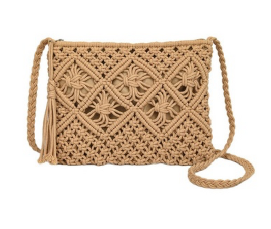 CAMEL CROCHET TASSEL BOHO BAG