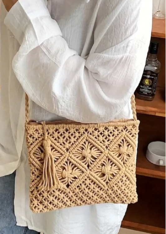 CAMEL CROCHET TASSEL BOHO BAG