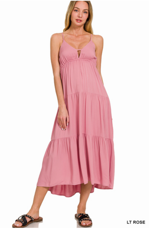 LIGHT ROSE WOVEN SWEETHEART NECKLINE TIERED CAMI MIDI DRESS