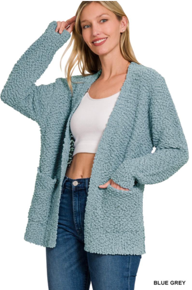 BLUE GREY POPCORN SWEATER CARDIGAN WITH POCKETS
