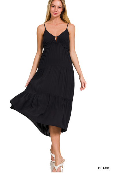 BLACK WOVEN SWEETHEART NECKLINE TIERED CAMI MIDI DRESS