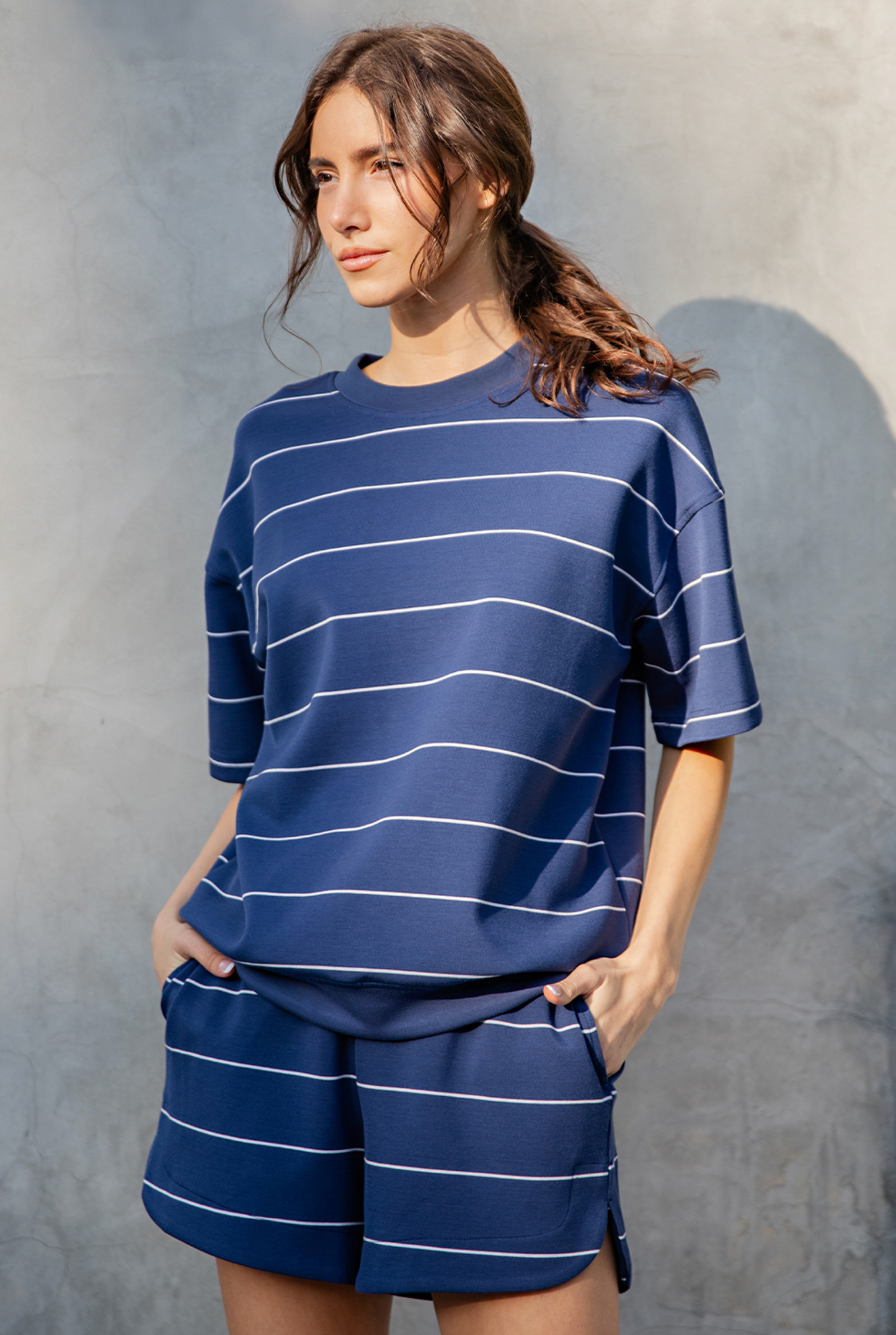 Navy Scuba Stripe Short Sleeve + Shorts Set