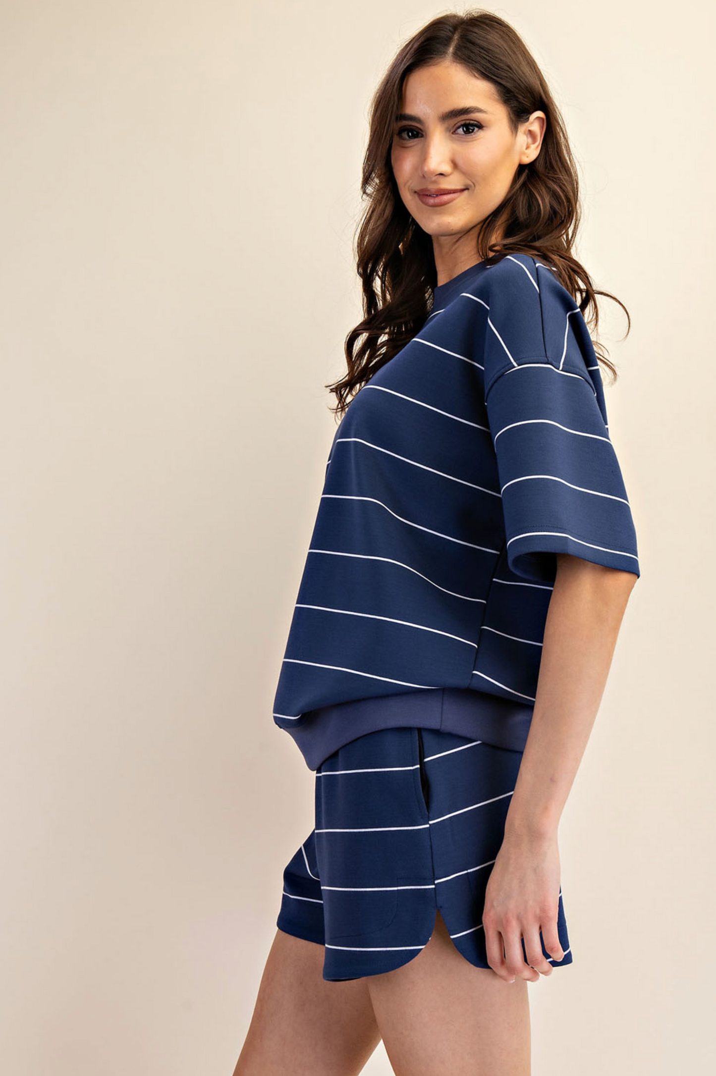 Navy Scuba Stripe Short Sleeve + Shorts Set
