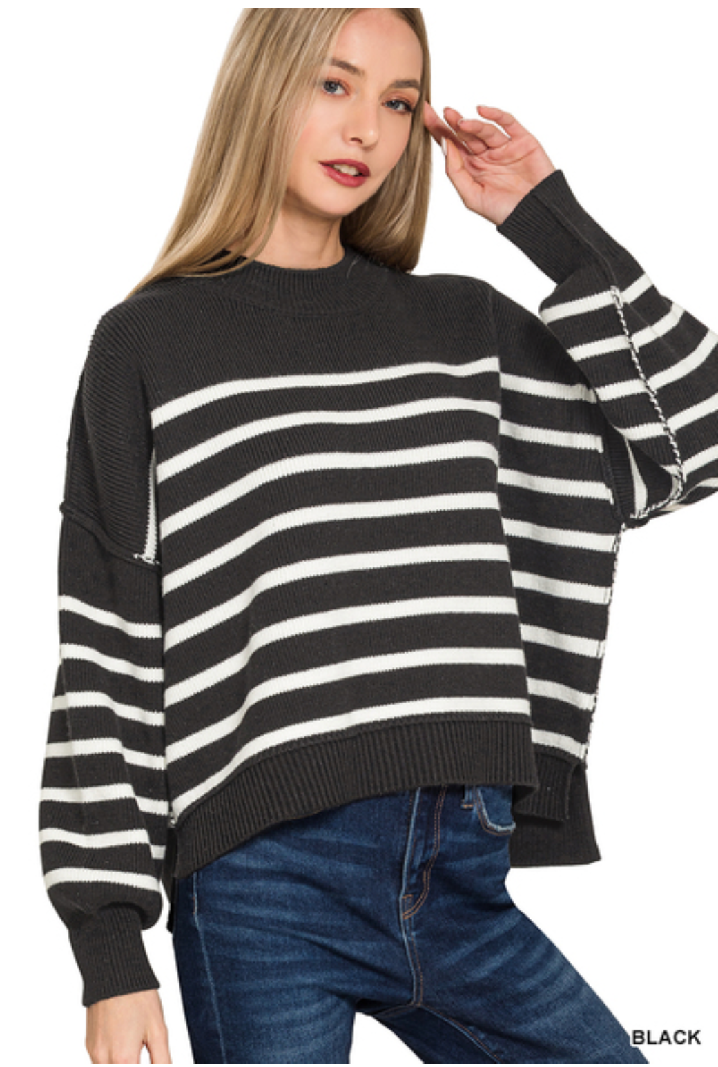 Black Exposed Seam Striped Oversized Sweater