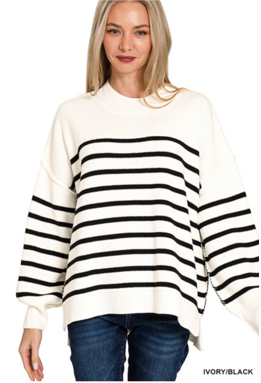 Ivory + Black Exposed Seam Oversized Stripe Sweater
