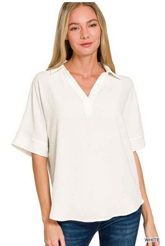 White Airflow Collared V-Neck Top