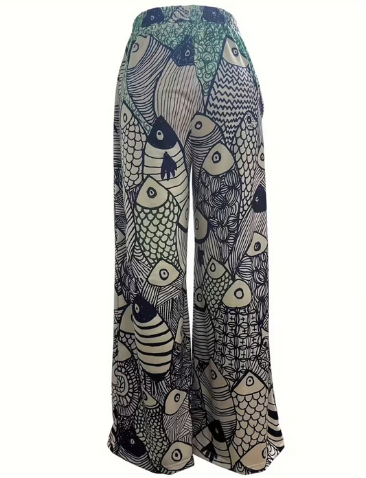 Ladies Fish Pattern Drawstring Waistband Pants